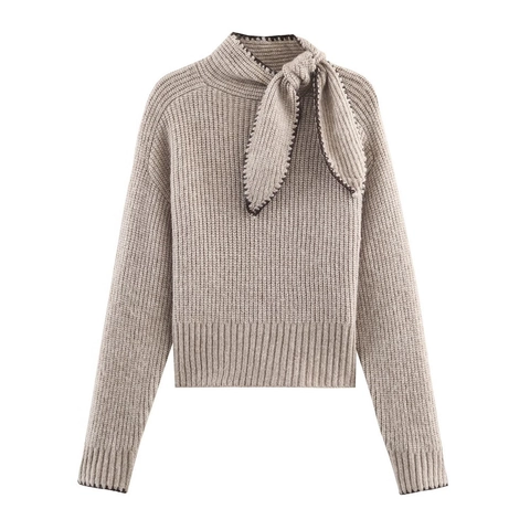Damen Strickpullover Schleife Schal Ausschnitt Gerippt Langarm Kontrastnaht Lässig Elegant Winter Oberteil
