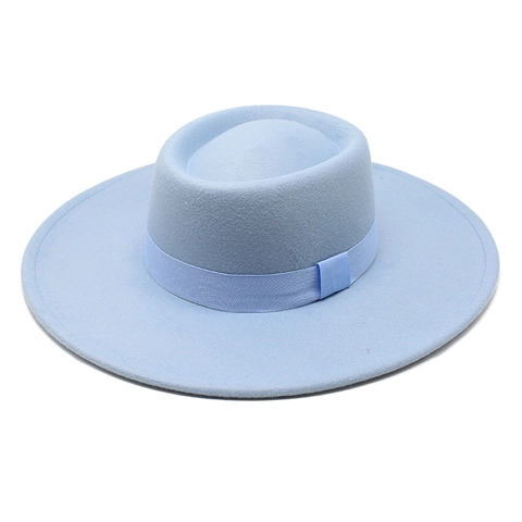 Vintage Wide Brim Fedora Hat Solid Color Ribbon Decoration Flat Top Felt Boater Hat For Men Women Autumn Winter Warm Jazz Hat