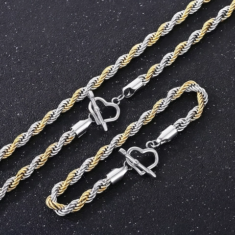 Collana Bracciale In Acciaio Inossidabile Bicolore Catena Corda Intrecciata Con Chiusura A Cuore Gioielli Moda Per Uomo Donna