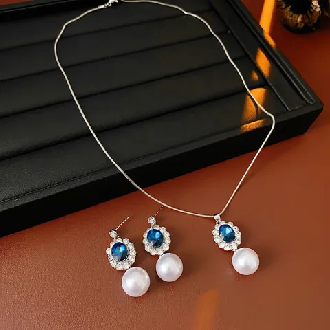 Vintage Palace Style Jewelry Set For Women With Oval Blue Gemstone Rhinestone And Round White Imitation Artificial Pearl Pendant