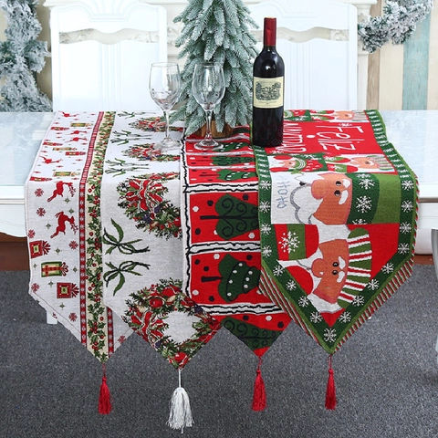Christmas Table Runner Knitted Jacquard Holiday Dining Decor With Tassels Santa Claus Reindeer Patterns