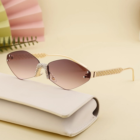 Frameless Diamond Cut Sunglasses For Women Rhinestone Bridge Metal Mesh Temples UV400 Protection Fashion Trendy Shades