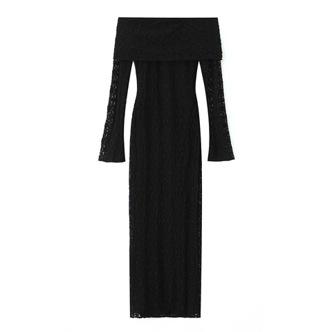 Vestido Maxi Elegante De Encaje Con Hombros Descubiertos Manga Larga Ajustado Color Sólido Para Mujer