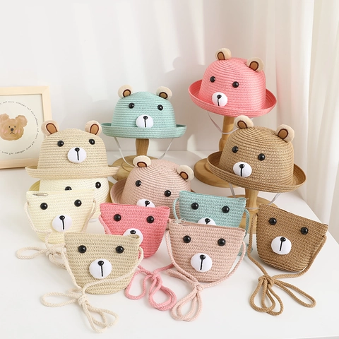Kids Straw Sun Hat And Shoulder Bag Cute Cartoon Bear Shape Breathable Summer Beach Travel For Toddlers