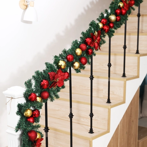 Christmas Artificial Pine Garland With Red Gold Ball Ornaments And Poinsettia Flowers For Fireplace Stairs Wall Decor
