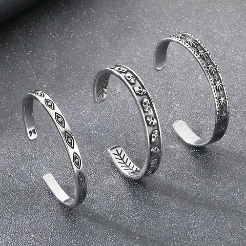 Vintage Stainless Steel Cuff Bangle Bracelet For Men Punk Gothic Skull Evil Eye Maple Leaf Carved Open Jewelry