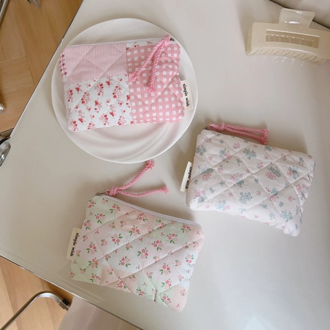 Mini Quilted Floral Cotton Coin Purse Zipper Pouch For Lipstick Earphone Sanitary Pad Storage Sweet Fresh Patchwork