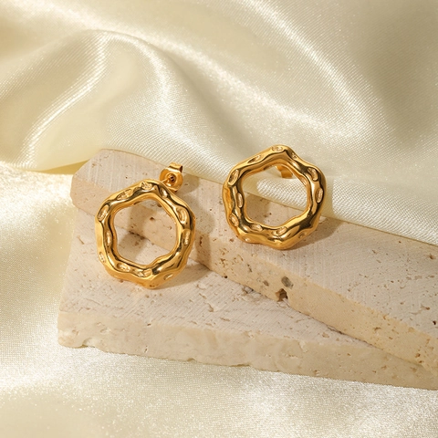 Irregular Geometric Hoop Earrings Stainless Steel 18K Gold Plated Concave Lava Textured Wavy Jewelry For Women