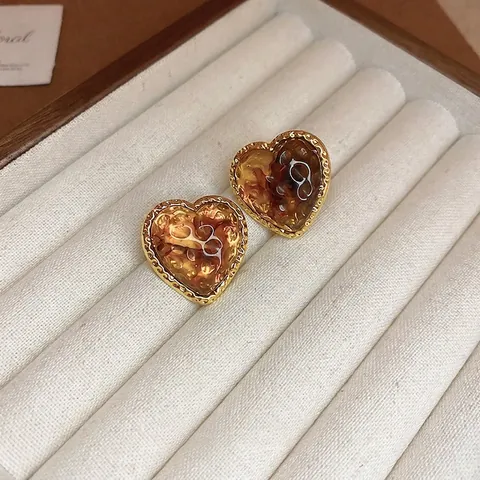 Vintage Amber Resin Earrings Geometric Heart Studs Fashion Jewelry Women With 925 Sterling Silver Earring Post