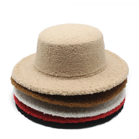 Flat Top Fedora Hat Lamb Wool Sherpa Faux Fur Warm Winter Boater For Women Men Solid Color Outdoor Jazz Cap