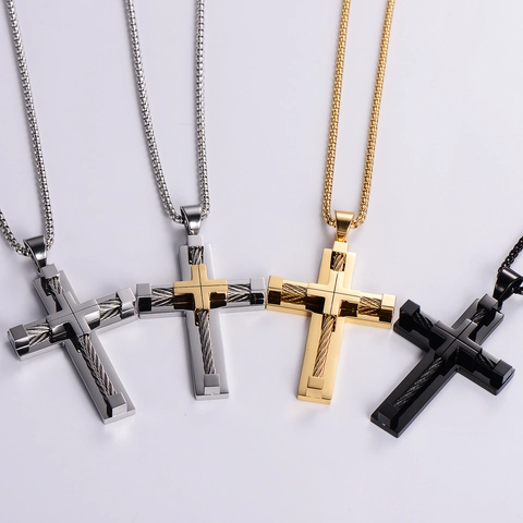 Collana Con Pendente A Croce In Acciaio Inossidabile Cavo Intrecciato Stile Punk Industriale Gioielli Accessori Uomo