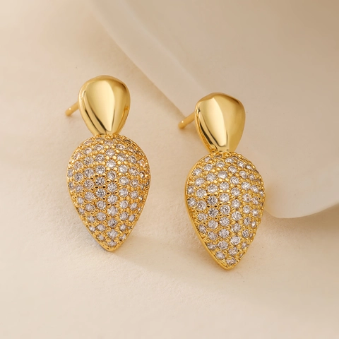 Elegantes Pendientes De Botón De Corazón Y Gota De Agua Cobre Chapado En Oro De 18K Micro Pave Circonita Joyería Para Mujer