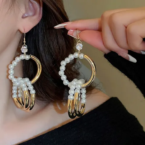 Drop Earrings Copper With Faux Artificial Pearl And Zircon Interlocking Geometric Circles Retro Style With Steel Earring Post