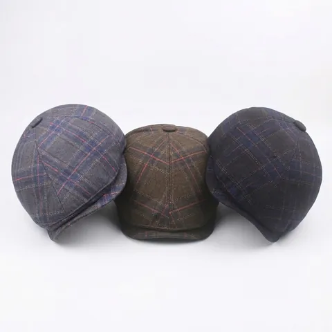 Vintage Plaid Newsboy Cap British Retro Flat Cap Warm Fleece Lined Cotton Polyester For Autumn Winter Adjustable