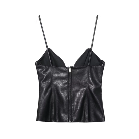 Women PU Leather Corset Camisole Tank Top Lace Up V Neck Sexy Spaghetti Strap Black Streetwear Party Faux Leather Zipper