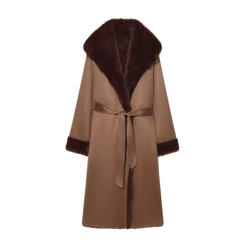 Women Long Faux Fur Collar Coat Elegant Suede Textured Belted Slim Fit Winter Outerwear Trench Jacket