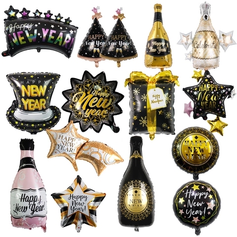 Happy New Year Balloons Aluminum Foil Mylar Decorative Party Supplies For Celebration Holiday Star Bottle Shape Reusable