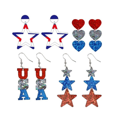 Patriotic Independence Day Dangle Earrings Red White Blue USA Letter Star Heart Acrylic Glitter Jewelry For Women