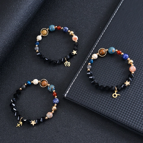 Natural Stone Beaded Bracelet Solar System Galaxy Zodiac Astrology Fashion Alloy Charm Jewelry Unisex