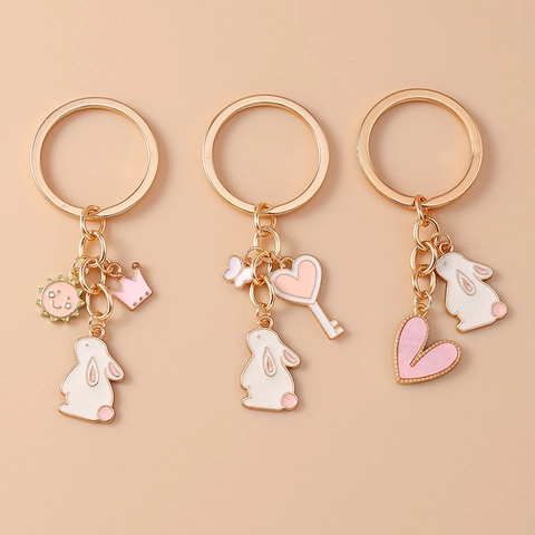Cartoon Hase Emaille Schlüsselanhänger Mit Herz Krone Schmetterling Anhänger Damen Gold Zinklegierung Rucksack Schmuck Geschenk