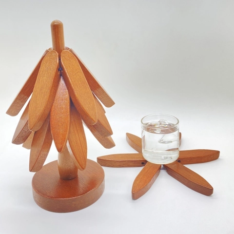 Tree Shaped Wooden Coaster Heat Resistant Table Mat Solid Wood Foldable Ornament For Home Dining Kitchen Decor