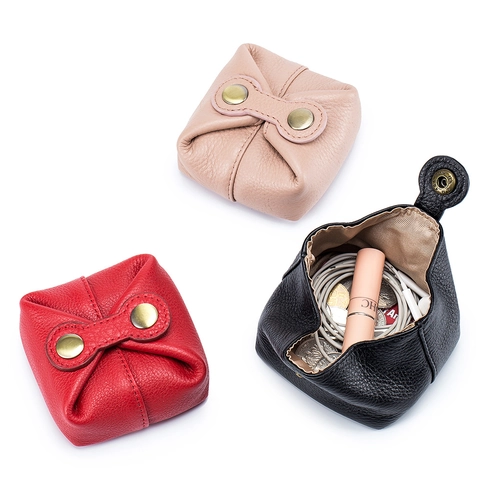 Mini Portamonete In Vera Pelle Di Vacchetta Granata Bottone A Pressione Piccola Borsa Portaoggetti Quadrata Per Auricolari Rossetto