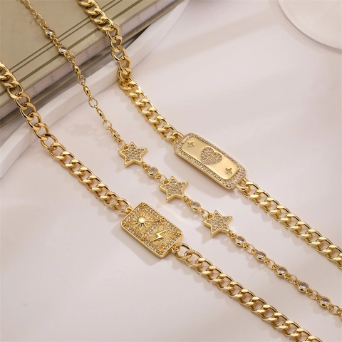 Gold Plated Cuban Link Bracelet For Women With Zircon Heart Butterfly Star Charm Adjustable Hip Hop Jewelry