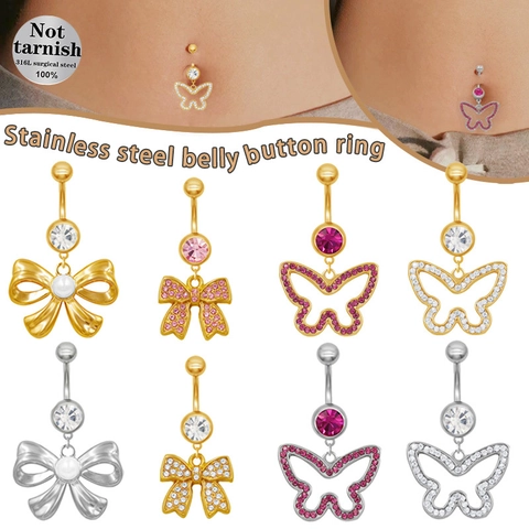 Stainless Steel Butterfly Bow Belly Button Ring Navel Piercing Jewelry With Rhinestone Artificial Pearl For Women