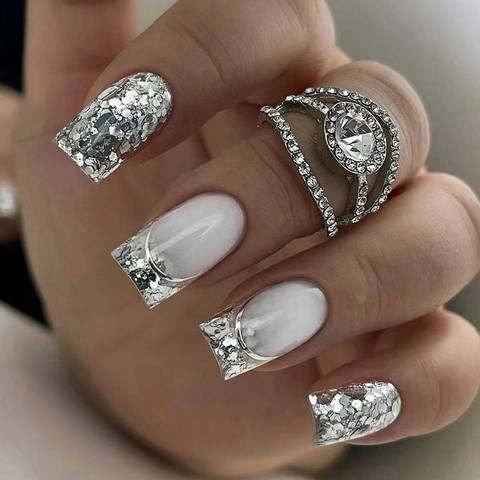 Press On Nails Medium Long European Square Silver Glitter French Tip Sparkly Artificial Fake Nails Galaxy Design For Women