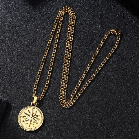 Collana Con Pendente Rosa Dei Venti Stella Acciaio Inossidabile Placcato Oro 18K Gioielli Stella Polare Uomo Donna