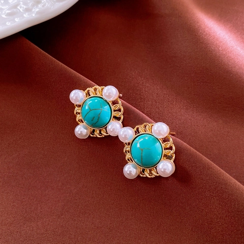 Orecchini A Lobo In Stile Francese Vintage Con Turchese E Imitazione Perla Artificial Lega Perno In Argento Sterling 925 Donna