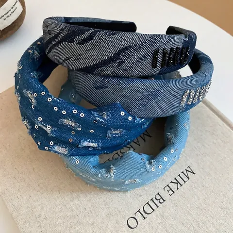 Vintage Denim Fabric Headband Wide Padded Hair Hoop With Rhinestone Letters Retro Chic Hair Accessories For Women