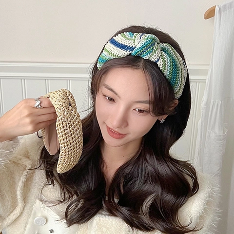 Woven Straw Knotted Headband Wide Brim Twisted Hairband Bohemian Striped Hair Accessories For Women Beach Vacation Style