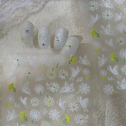 Autocollants Ongles Relief 5D Pissenlit Papillon Floral Adhésif Manucure Décalcomanies Étanche Élégant Pour Femmes