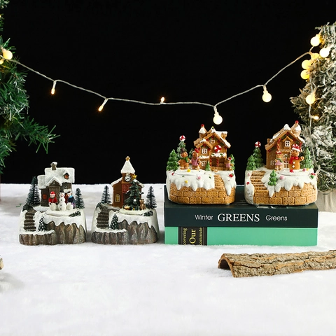 Casetta Villaggio Di Natale Musicale Con LED Resina Pan Di Zenzero Cabina Rotante Decorazione Da Tavolo Per Le Feste