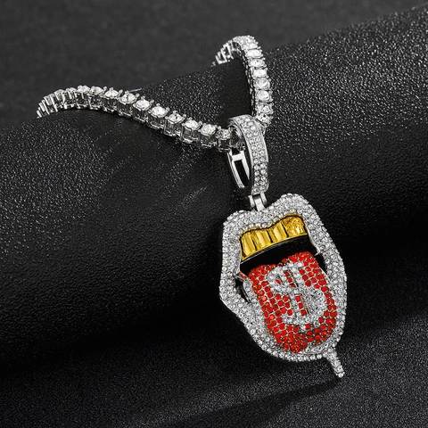 Collana con Pendente a Forma di Teschio con Linguaccia Hip Hop in Lega con Strass Simbolo del Dollaro Catena Cubana Choker Uomo Donna