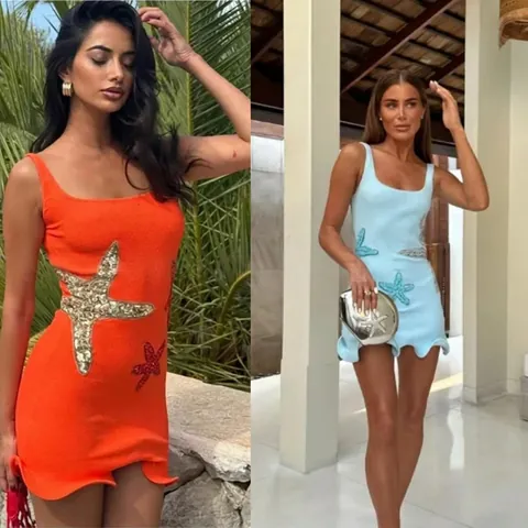 Ärmelloses Minikleid Mit Pailletten-Seestern-Stickerei Wellensaum Sommerurlaub Strandparty Solides Polyester Mode