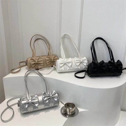 Sac Bandoulière Baril Cuir PU Décor Nœud Doux Style Y2K Sacoche Oreiller Pour Femmes