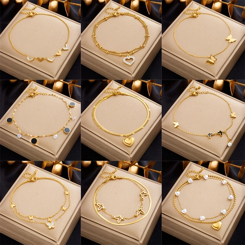Stainless Steel Heart Butterfly Shell Artificial Pearl Charm Double Layer Anklet For Women Adjustable Minimalist Elegant Gold Foot Jewelry