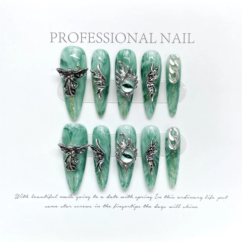 Unghie Finte Fatte A Mano Trama Marmo Verde Ornamenti Metallo Argento Angelo Ali Stile Gotico Y2K Lunghe Stiletto