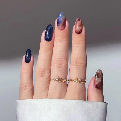 Uñas Postizas Press On ABS Brillante Patrón Mármol Tie Dye Forma Ovalada Desmontable Manicura Vintage Chic Para Mujeres