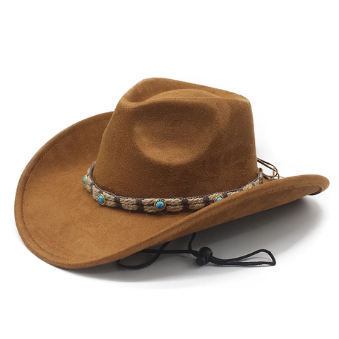 Western Cowboy Hat Suede Wide Brim Ethnic Turquoise Braided Band Adjustable Windproof Rope Retro Sun Protection