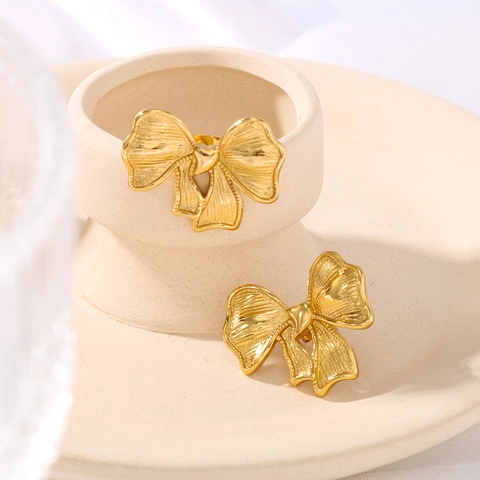 Schleifen Ohrstecker 18K Vergoldet Edelstahl Elegant Minimalistisch Geometrisch Texturiert Schmuck Damen