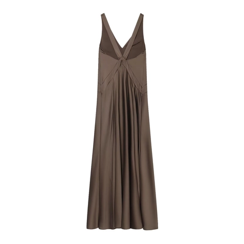 Deep V Neck Satin Maxi Dress Backless Cross Straps Sleeveless Solid Coffee Color Elegant Polyester Evening Party Gown