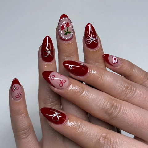 Uñas Postizas Forma Almendra Borgoña Rosa Corazón Lazo Cereza Uñas Postizas Perla Artificial Estrás Decoración Mujeres Dulce Retro Brillante