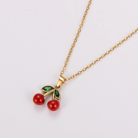Ensemble Collier Pendentif Cerise Et Boucles D'oreilles Puces Acier Inoxydable 304 Plaqué Or 18K Émail Rouge Vert