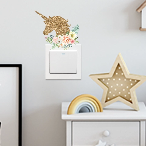 Einhorn Kopf Blume Lichtschalter Aufkleber PVC Gold Glitzer Wasserdicht Abnehmbar DIY Wanddeko Kinderzimmer
