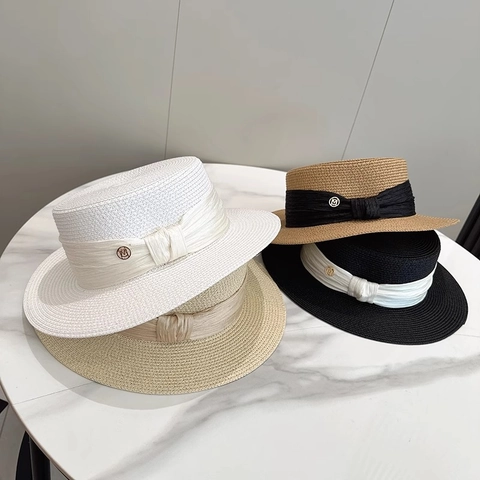 Sombrero Boater Elegante De Paja Francés De Ala Ancha Con Cinta De Satén Y Logo Metálico Accesorios Playa Mujer