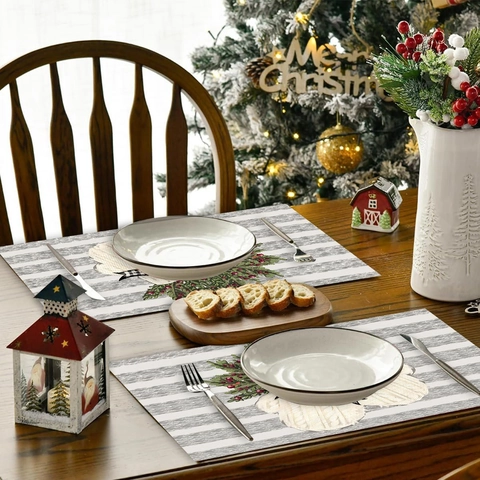 Sets De Table Noël Polyester Résistant À La Chaleur Lavable Gants D'hiver Rayé Aquarelle Décor De Table Fête