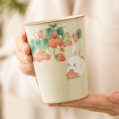 Tazza Da Tè In Ceramica Ru Kiln Smalto Craquelé Fragola Coniglio Dipinta A Mano Mug Personale Stile Cinese Vintage